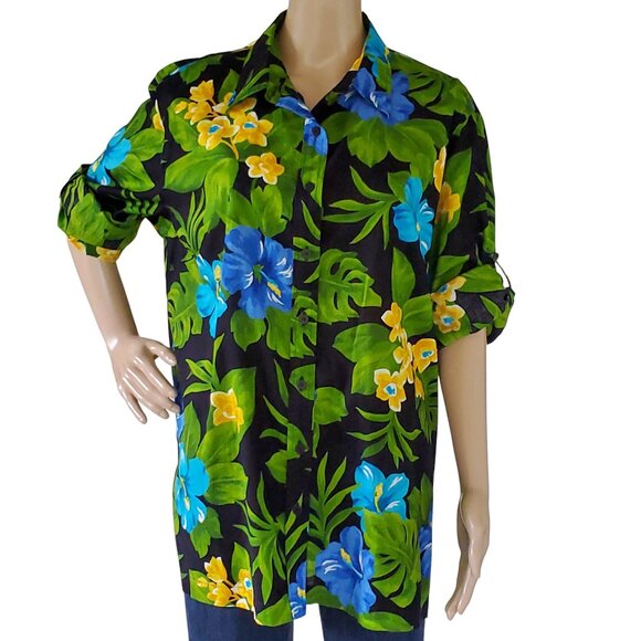 JONES NEW YORK Tropical Floral Blouse Women's 1x Plus Button Tab Sleeve Cotton - Picture 5 of 16